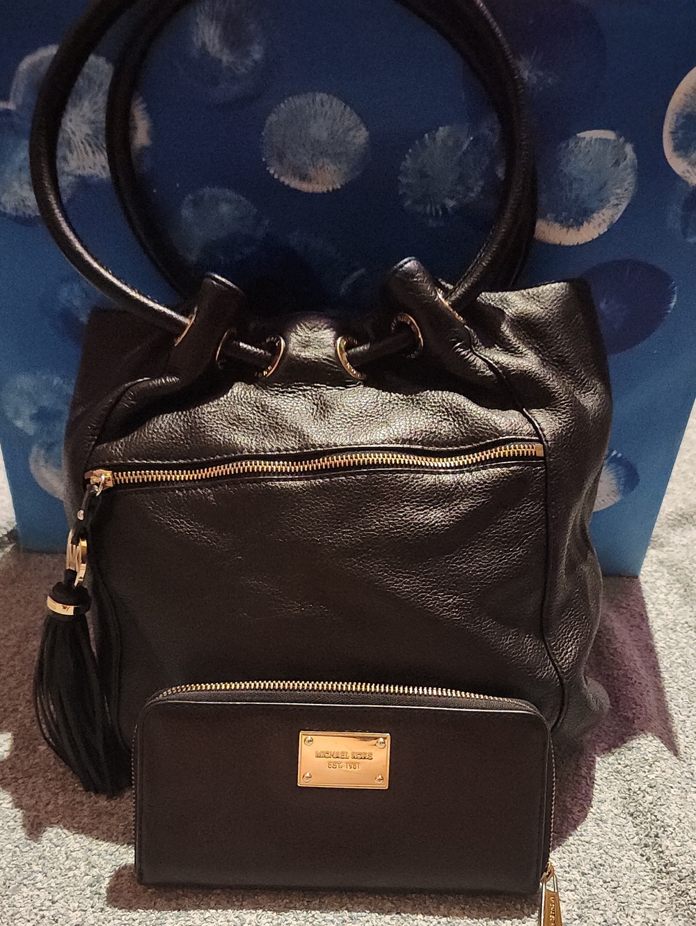 Michael Kors Black Leather Shoulder Tote with Tassel Charm With Wallet